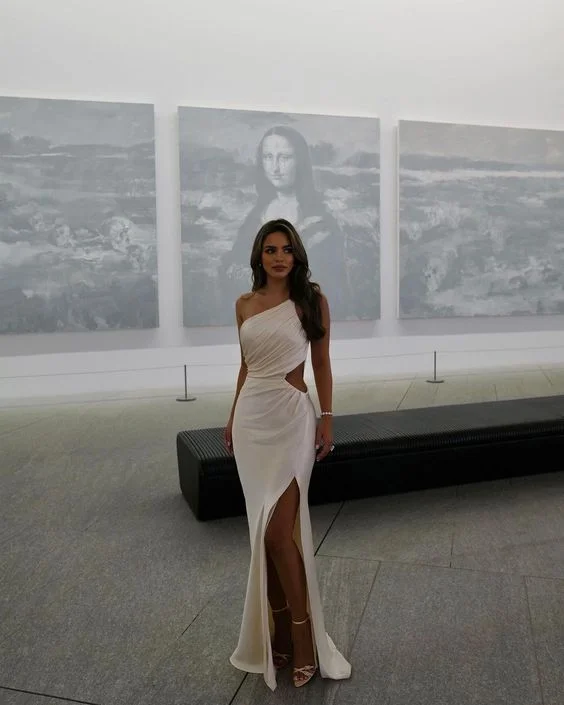 White One Shoulder Cut Out Long Party Dress with Slit,DP1044 Glittery Long Formal