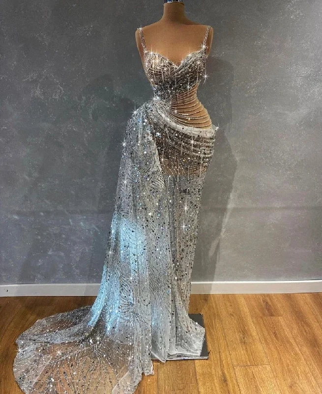 Gorgeous Beading Crystal Straps See Through Evening Party Dress,DS4967 Square Neckline Feminine