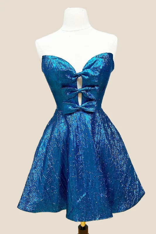 Plunge Neck Blue Short Party Dress with Bow Tunics stripes playful