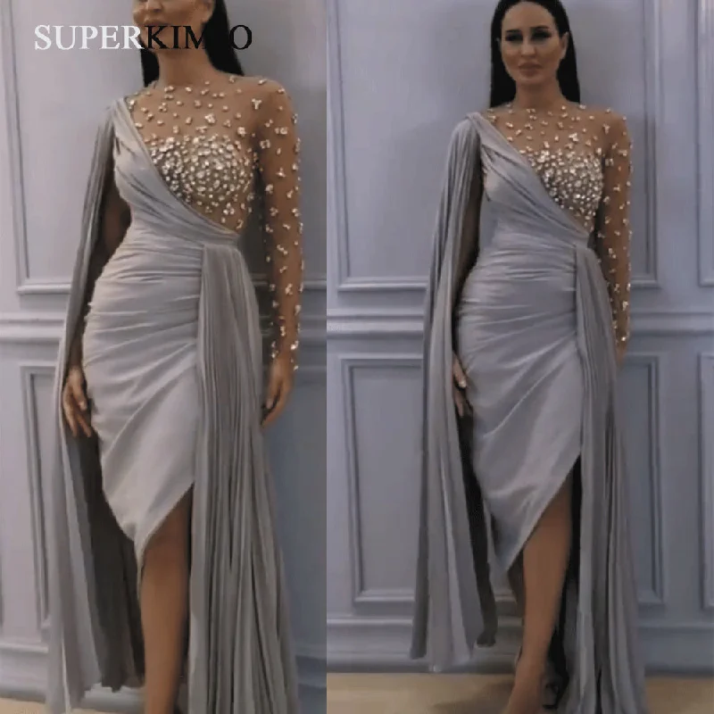 short evening dresses long sleeve beaded silver chiffon cheap mermaid evening gown formal party dress Tunics Spring floral