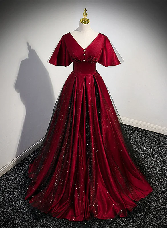 Black and Red V-neckline Long Satin Prom Dress,Chic Long A-line Party Dress Tunics Gym athletic