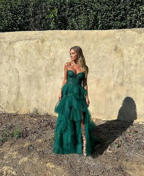 Sweetheart Tulle Tiered Hunter Green Slit Long Prom Dress Party Dress,DP472 Tunics Trousers formal