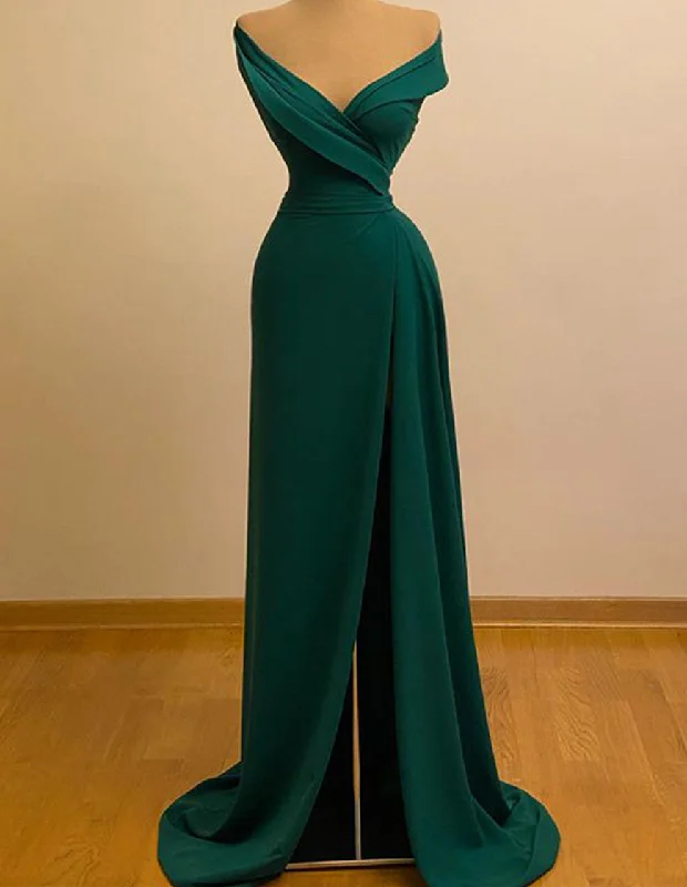 Long Green Chiffon Party Dress Sexy V Neck Off The Shoulder Split Front Prom Dresses C1197 sweetheart Neckline Romantic
