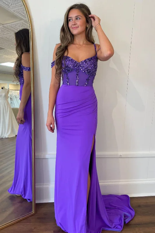 Purple Off Shoulder Beading Long Prom Party Dress with Slit,DP986 Tunics Plaid country