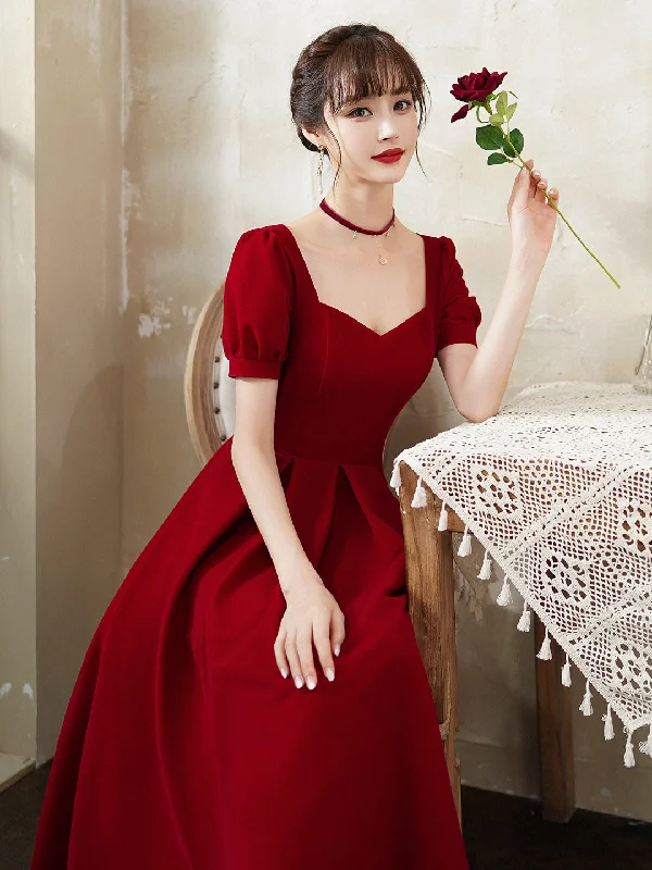 Burgundy party dress, short sleeve midi dress custom made prom dress  C2059 Tunics stripes playful