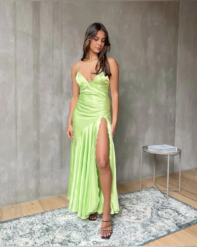 Light Green Slik Backless High Slit Spaghetti Straps Evening Dress Prom Party Dress,DP566 Cowl Neckline Elegant