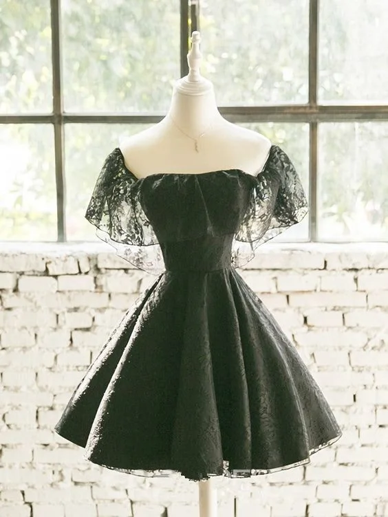 Black Off Shoulder Lace Sweetheart Lovely Short Homecoming Dress, Black Party Dress       cg25022 Tunics Vintage classic