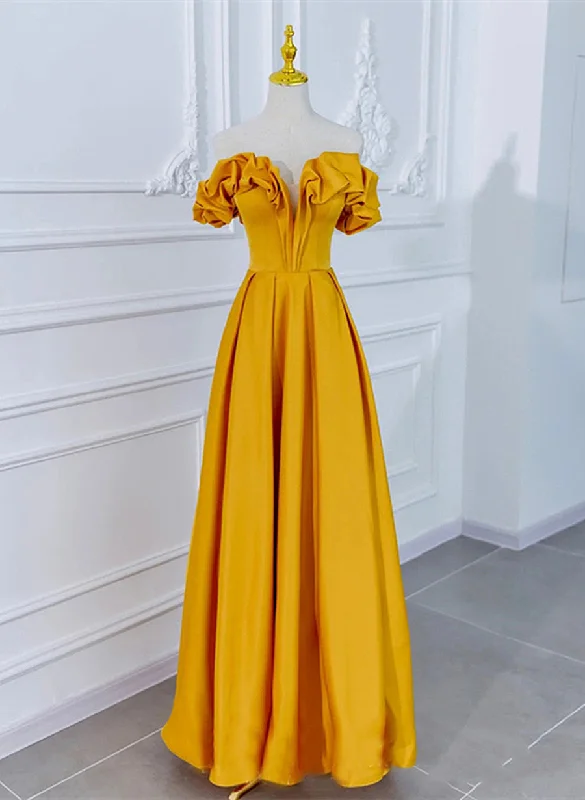 Satin Dark Yellow Off Shoulder Party Dress, A-line Satin Prom Dress Chiffon Maxi Beach