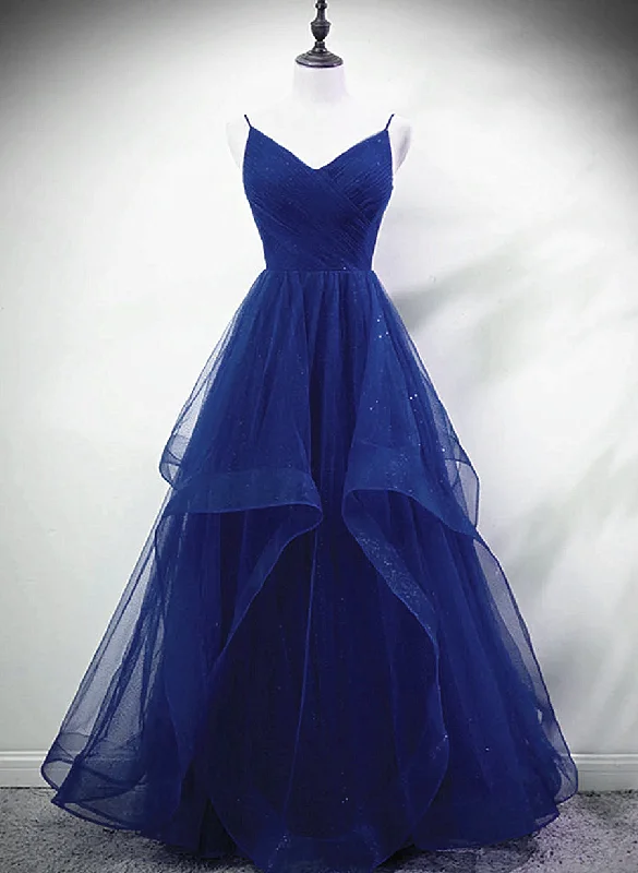 Blue A-line Straps Tulle Layers Long Party Dress, Blue Long Prom Dress Tunics Running lightweight