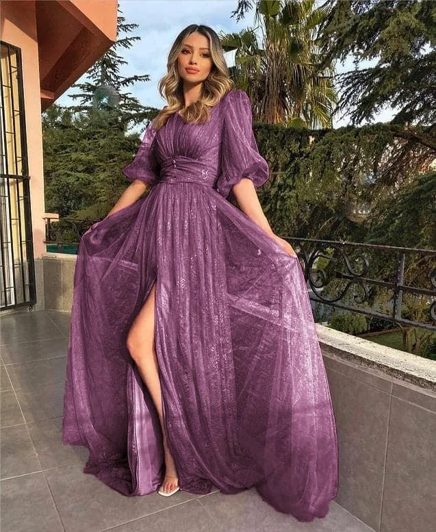 Sexy V-Neck Puffy High Waist Half Sleeve Long Prom Party Dress,DP0175 Tunics Chic fashionable
