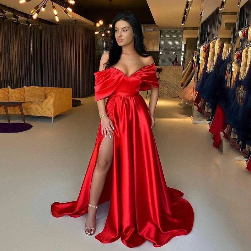 Formal Party Dresses Women Evening 2022 Off Shoulder Ruched Side Split Long Prom Gowns Zipper Back Special Banquet Wear,LW056 Tunics Handmade artisanal