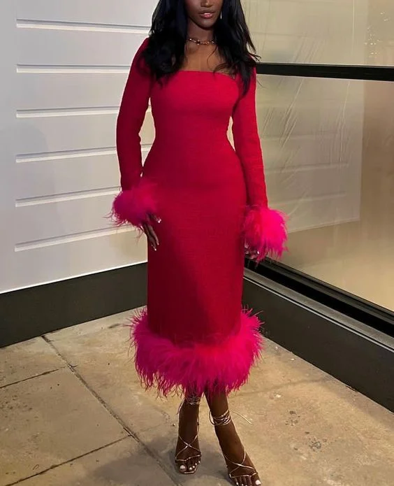 Hot Pink Long Sleeves Midi Length Black Girl Party Dress with Feather,DP1186 Boatneck Modish Everyday