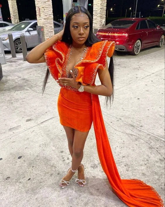 Orange Velvet Short Prom Dress Beaded Ruffle Sleeve Real Picture African Dark Skin Girl Party Dress,DS5006 Boatneck Modish Everyday
