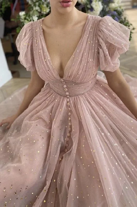 Pink v neck tulle short prom dress party dress,DS4211 Tunics Practical durable