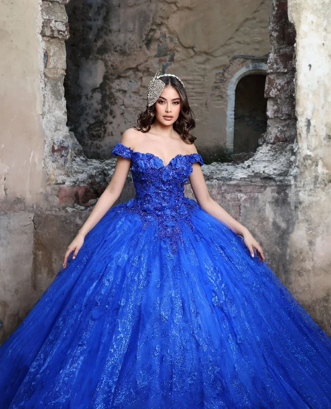 Nina Canacci Q129 Royal Blue Quinceanera Dress Off the Shoulder 3D Flowers Glitter Tulle Tunics Denim casual
