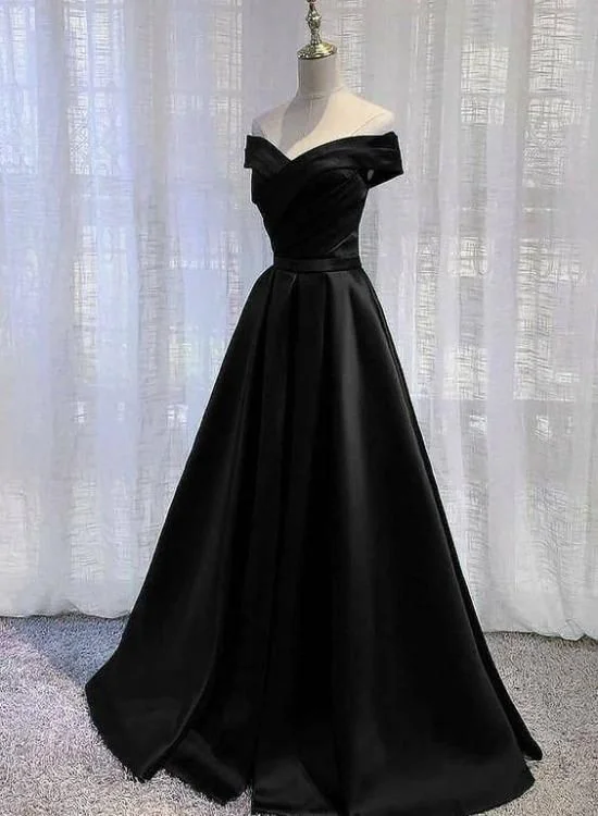 Pretty Off Shoulder Black Satin A-Line Party Dress Formal Dress, Long Black Prom Dress C1672 Chiffon Maxi Beach