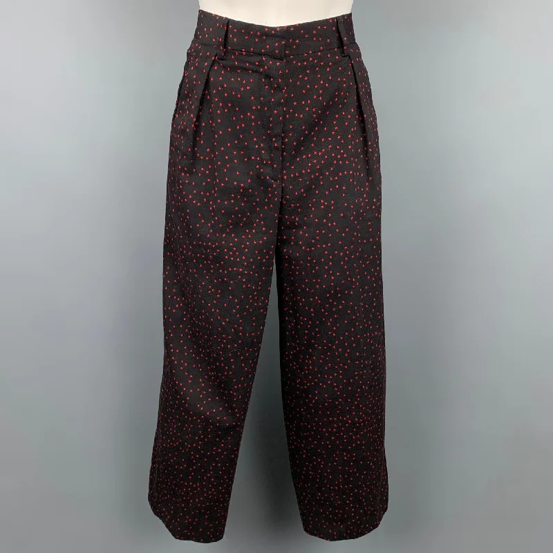 DRIES VAN NOTEN Size 6 Black & Red Star Print Cotton Wide Leg Dress Pants Relaxed Lounge Trousers