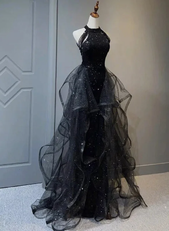 Black Halter Tulle Layers Long Prom Dress with Sequins, Black Party Dress Tunics Designer luxury