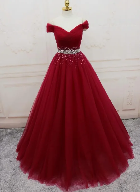 Handmade A-line Prom Dress , Off Shoulder Wine Red Party Dress Tunics Fleece cozy