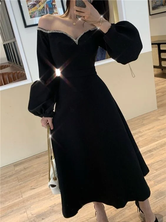 Vintage Black Ankle Length Prom Dress A-line Party Dress  C2108 sweetheart Neckline Romantic