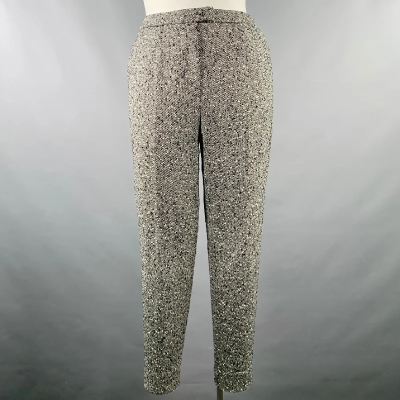 ESCADA Size 12 Black White Wool Blend Tweed Zip Fly Dress Pants Lightweight Linen Pants
