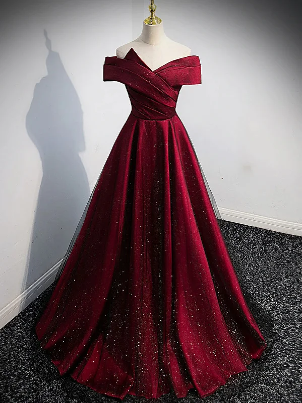 Gorgeous Wine Red Satin Off Shoulder Party Dress , Wine Red Prom Dresses Halter Neckline Beach