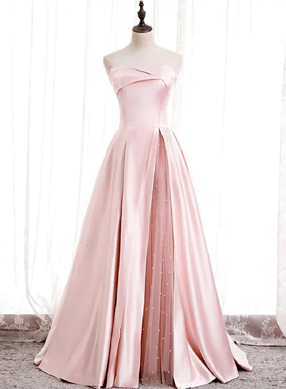 Strapless A-line Pink Satin Prom Dresses, Pink Satin Long Party Dress A-Line Day Work