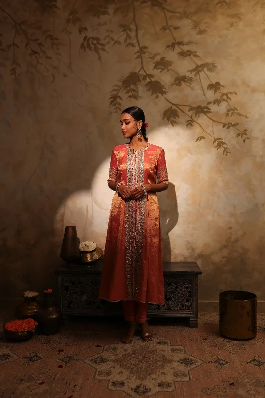 51Z093A-RO Orange Tissue Embroidered Kurta With Chanderi Pants Classic Bootcut Trousers