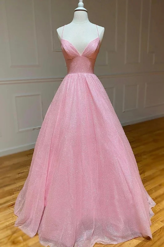 Pink Tulle Long Backless Prom Dress, A-Line V Neck Party Dress Peplum Ruffle Cocktail