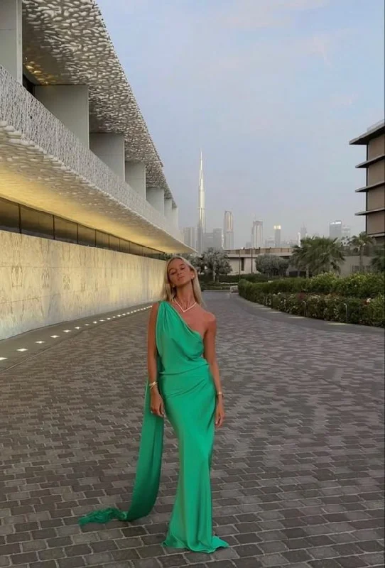 Green One Shoulder Long Prom Dress Party Dress with Slit,DP856 Tunics Party sparkling