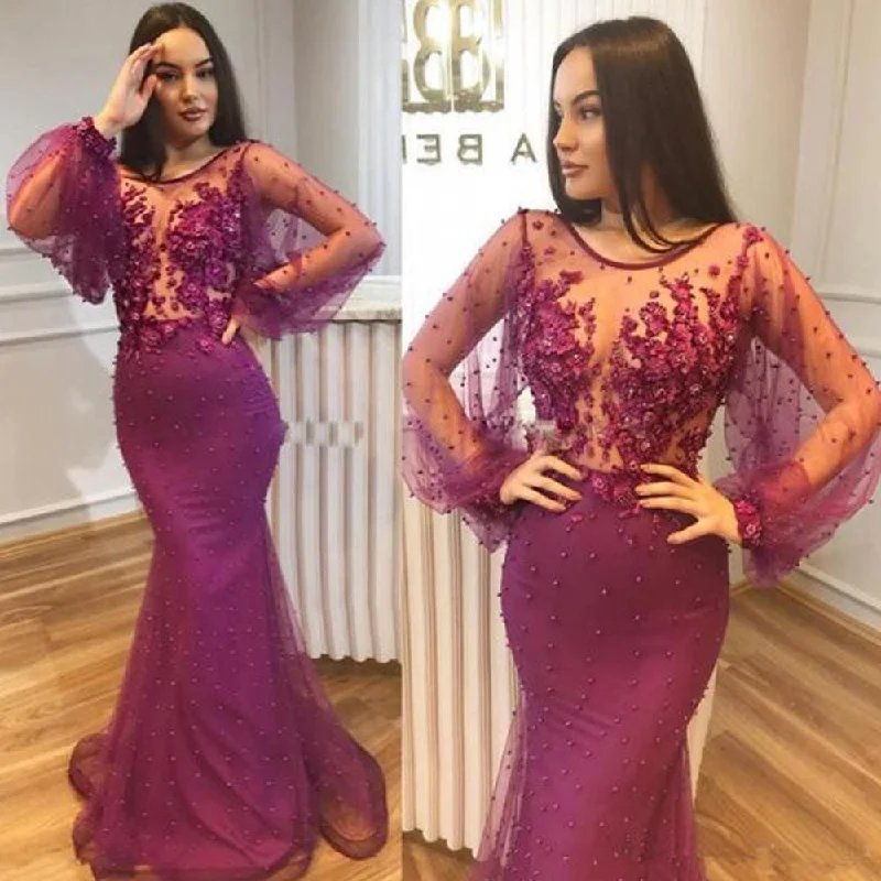 fuchsia evening dresses long mermaid beaded 3d flowers elegant evening gowns formal party dresses 2020 A-Line Day Work
