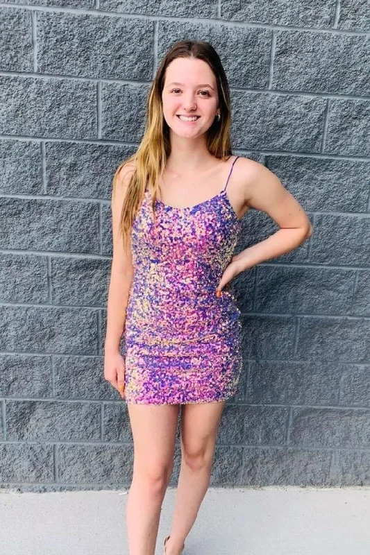 Tight Lilac Sequined Short Party Dress Homecoming Dress    cg23603 Tunics Versatile functional