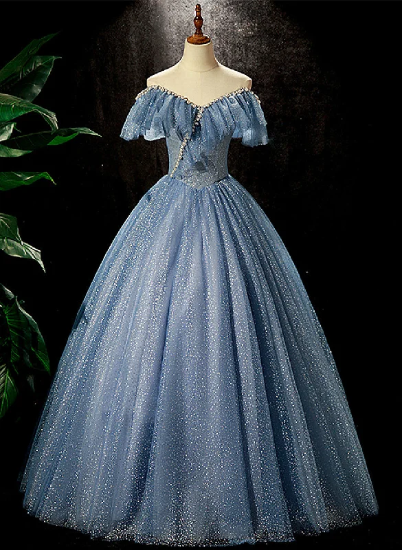 Shiny Blue Off Shoulder Beaded Long Party Dress, Blue A-line Prom Dress Tunics Ceremony elegant