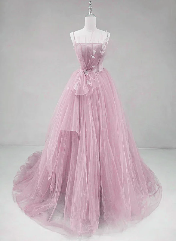 Pink Straps Tulle Chic Long Party Dress Formal Dress, Pink A-line Prom Dress Tunics Canvas sturdy