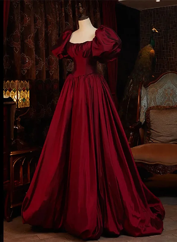 Burgundy Puffy Sleeves Taffeta Long Prom Dress, Floor Length Sweetheart Party Dress Tunics Exclusive limited