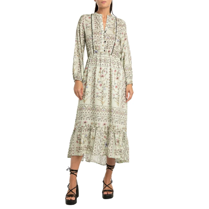 Replay Women's Long Dress with Frill in Viscose Satin Square Neckline Feminine