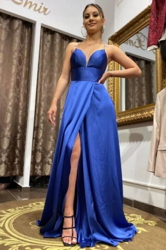 Spaghetti Straps Royal Blue Prom Dress Sweetheart Evening Party Dress with Side Slit,DS4019 Square Neckline Feminine