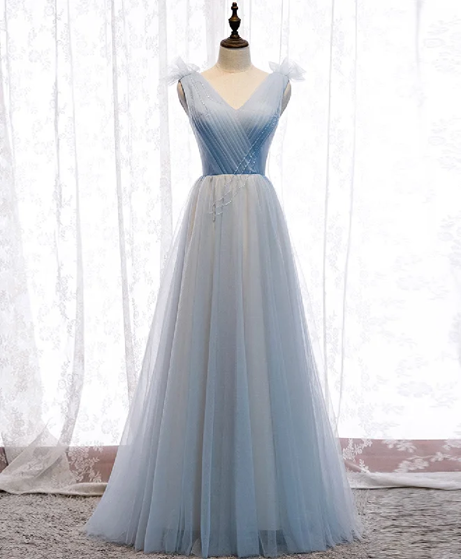 Simple Blue V Neck Tulle Long Prom Dress, Blue Formal Party Dresses Tunics Stylish elegant