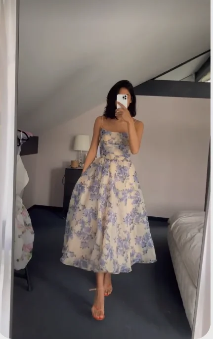 Tea-Length Party Dresses Spaghetti Straps Flower Print Prom Dress c2772 Off-the-shoulder Bohemian Festive