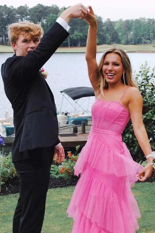 Hot Pink Spaghetti Straps Tulle Tired Prom Dress Formal Graduation Party Dresses,DP432 Tunics Evening elegant