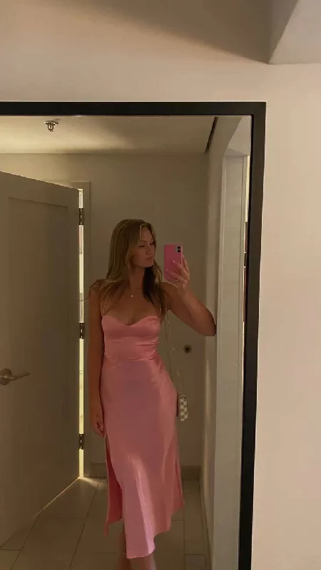 Pink Silky Satin Backless Mid Length Party Dress,DP1047 Tunics Luxurious high-end