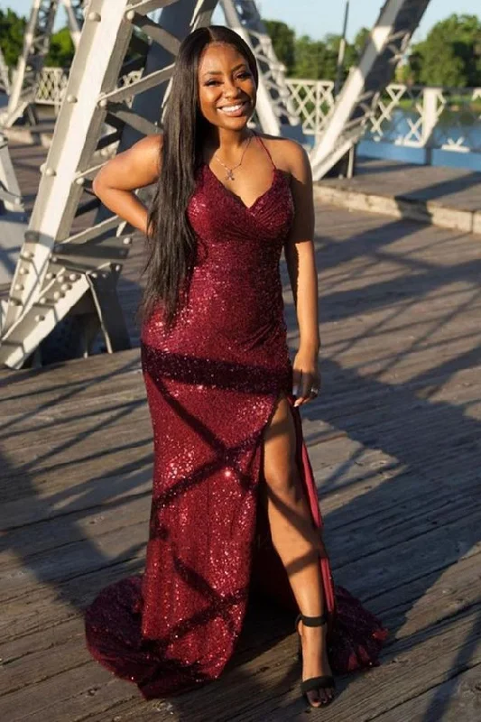 Burgundy Glitter Sequins Spaghetti Prom Dress Split front Formal Party Dress Graduation C455 Tunics Bridal satin