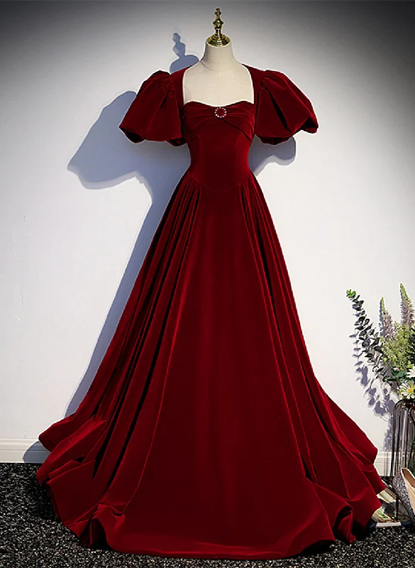 Wine Red Velvet Puffy Sleeves Long Party Dress, Wine Red Long Prom Dress Tunics Evening elegant