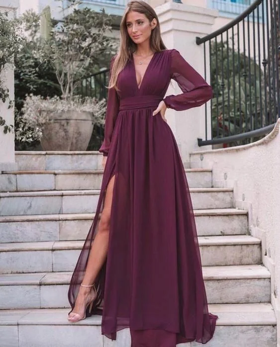 V Neck Chiffon Prom Dresses With Long Sleeves , High Split Party Dress C848 Tunics Designer luxury