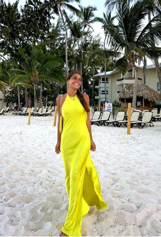 Yellow Halter Backless Party Dress Wedding Guest Dress with Slit,DP1209 Peplum Ruffle Cocktail