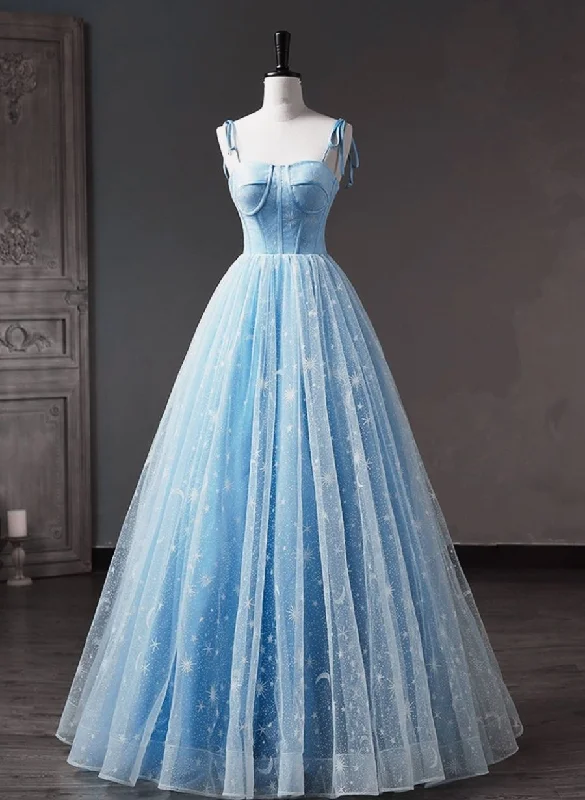Blue Straps Tulle Floral Long Prom Dress, Blue Formal Dress Party Dress Tunics Recommended stylist