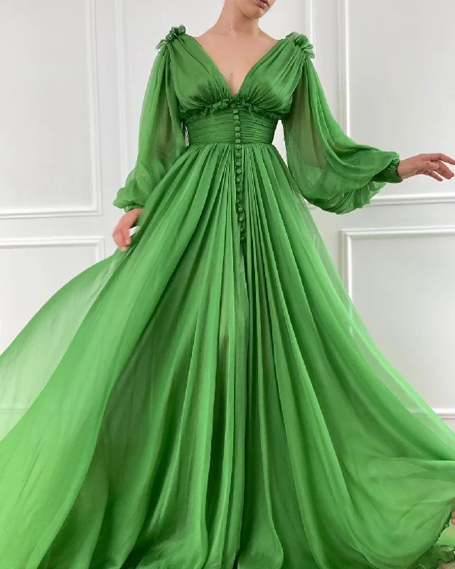 Green Sexy V Neck Long Sleeve Chiffon Evening Party Dresses,DS2746 Tunics Handmade artisanal