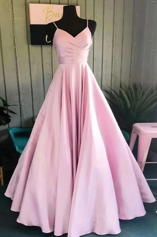 Pink Satin V-neckline Floor Length Straps Formal Dresses, Pink Long Party Dresses C1516 Off-the-shoulder Bohemian Festive