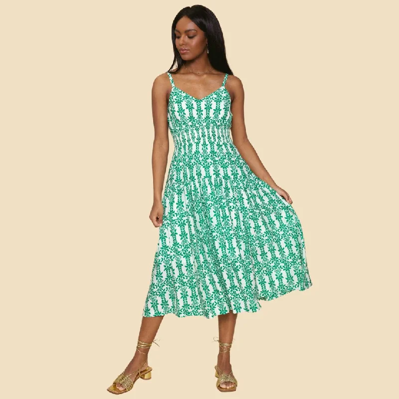 Printed Smock Waist Dress (White + Kelly Green) Tunics Timeless classic