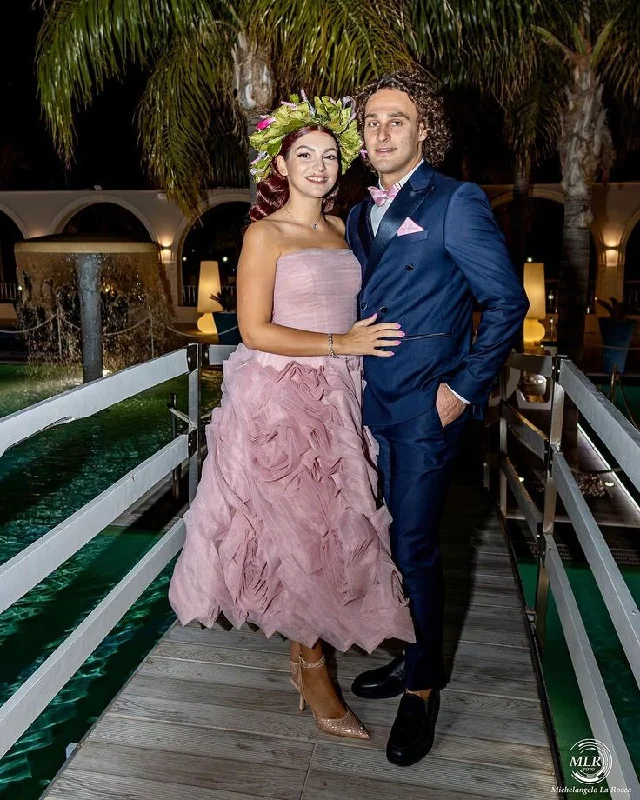 Misty Pink Flowered Tulle Prom Dress Strapless Midi Dress Cocktail Party Dress,DP666 Pleated Skirt Elegant